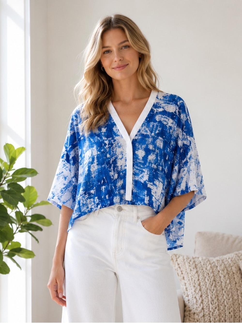 Helmut Lang Cropped Blouse Blue Scriber Print Silk Size Small Short Sleeve Top